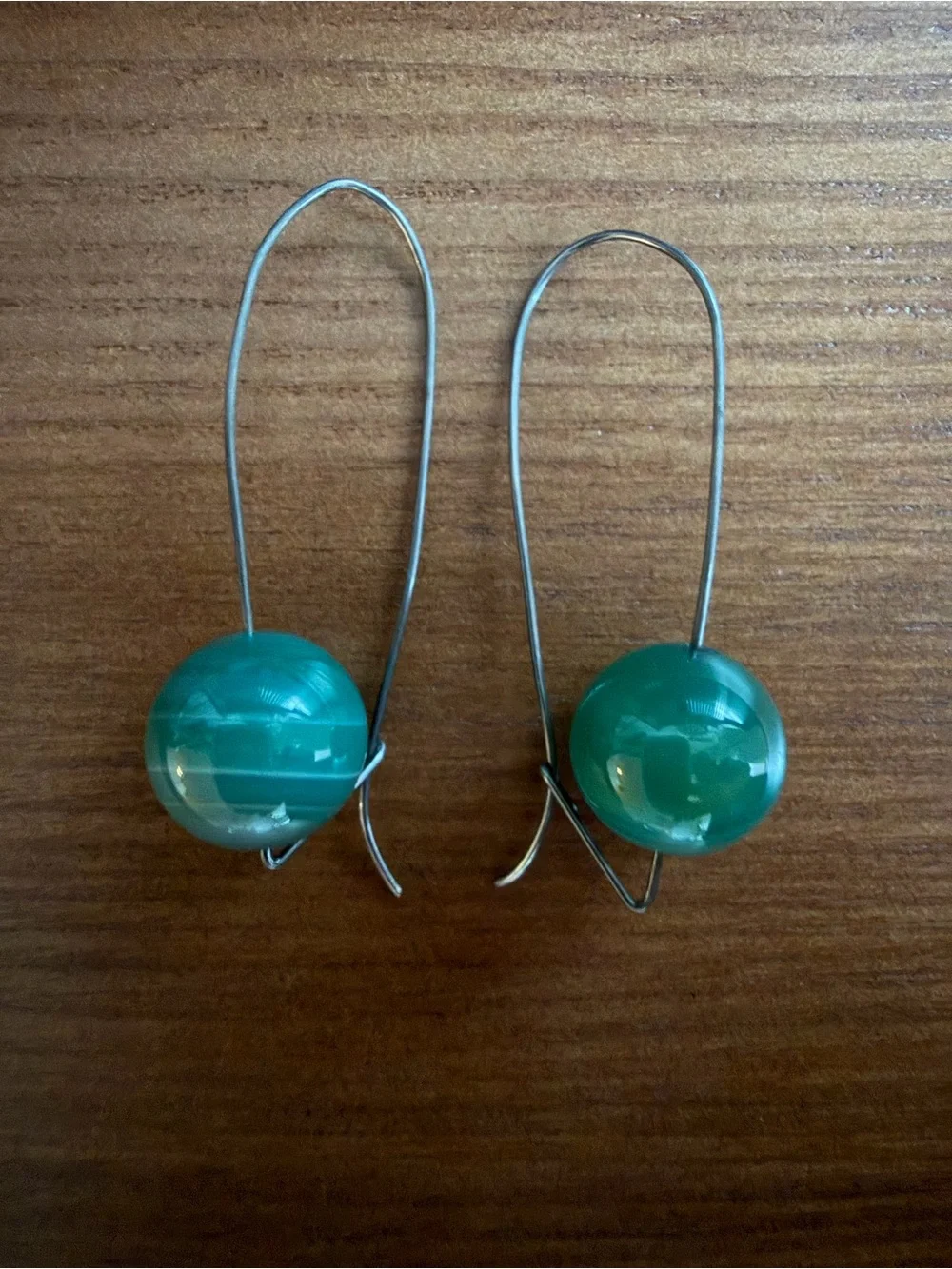 Teal Glass Bead Drop Earrings - Minimal Wire Hook - Blue Green Hue